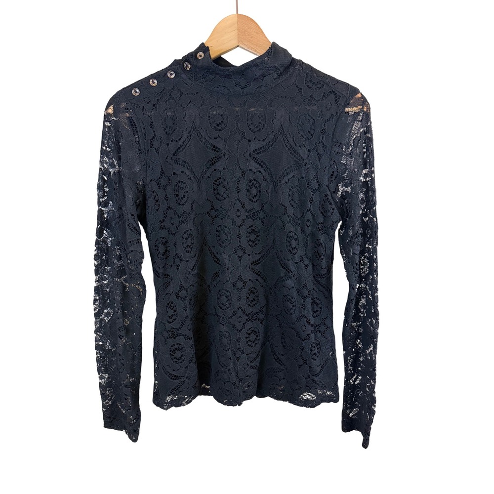 Maeve by Anthropologie Lace Mock Neck Top Women Small Black Shoulder Buttons - Picture 2 of 13